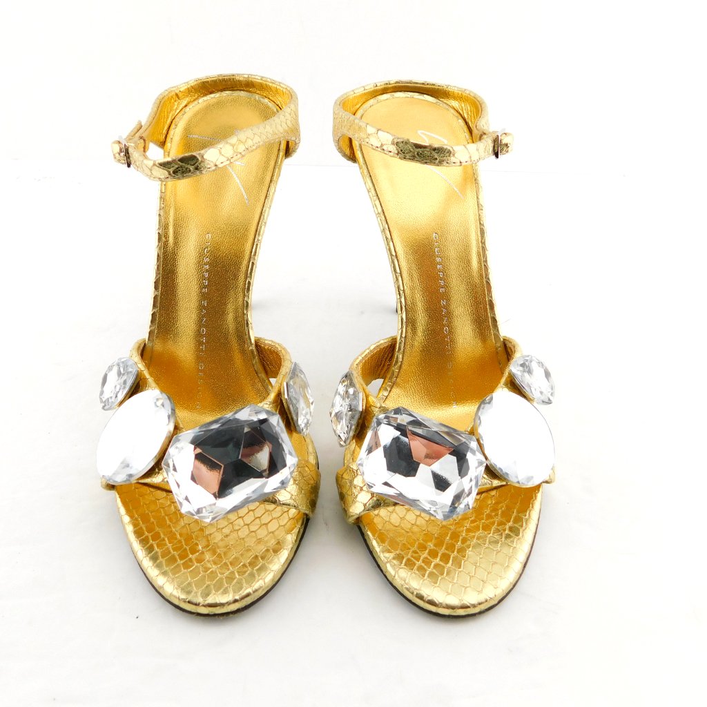 Giuseppe Zanotti Crystal Gold Snake Textured Leather Slide Mule Heels 35